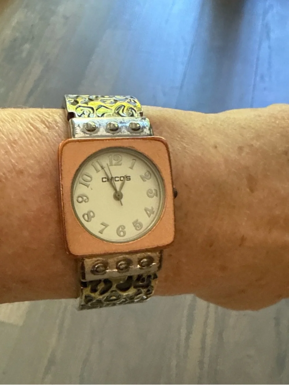 Chico's Two-Tone Square Face Watch in Copper and White W/ Leopard Print Cuff